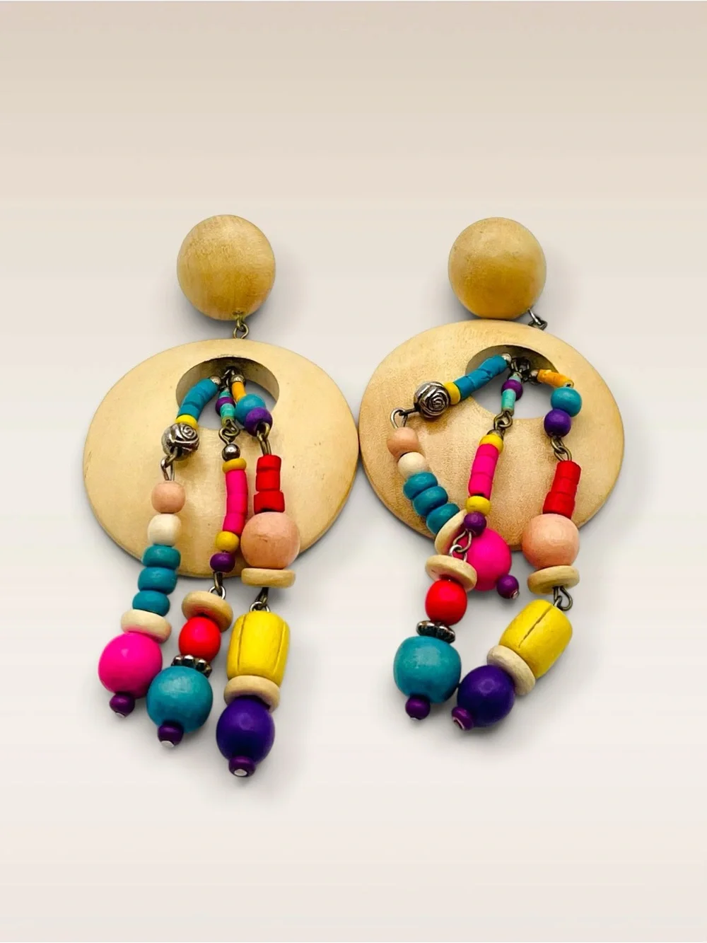 Vintage Multi-Color Beaded Wood Statement Dangle Pierced Earrings Boho